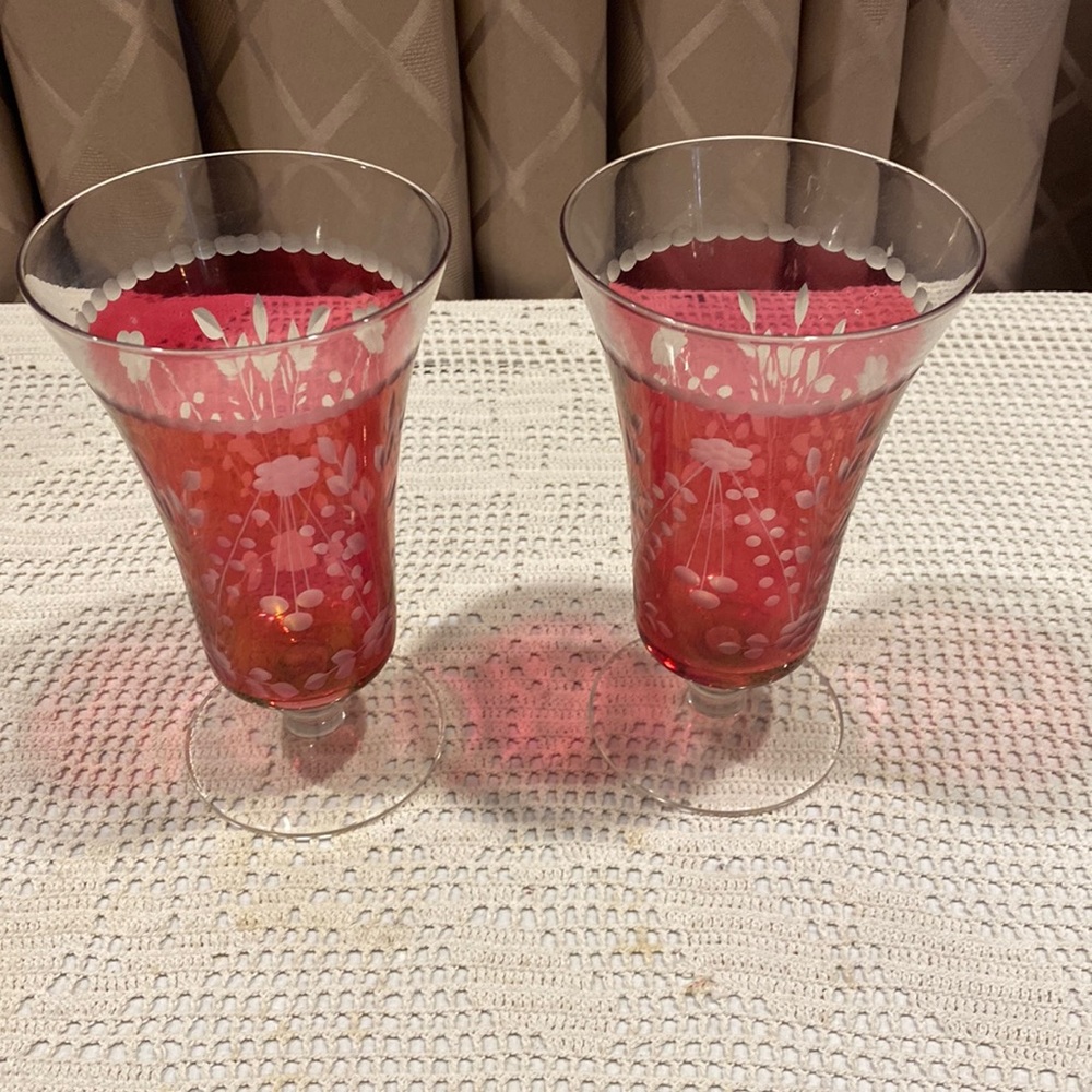 Vintage Ruby Red Etched Floral Design Parfait Glasses